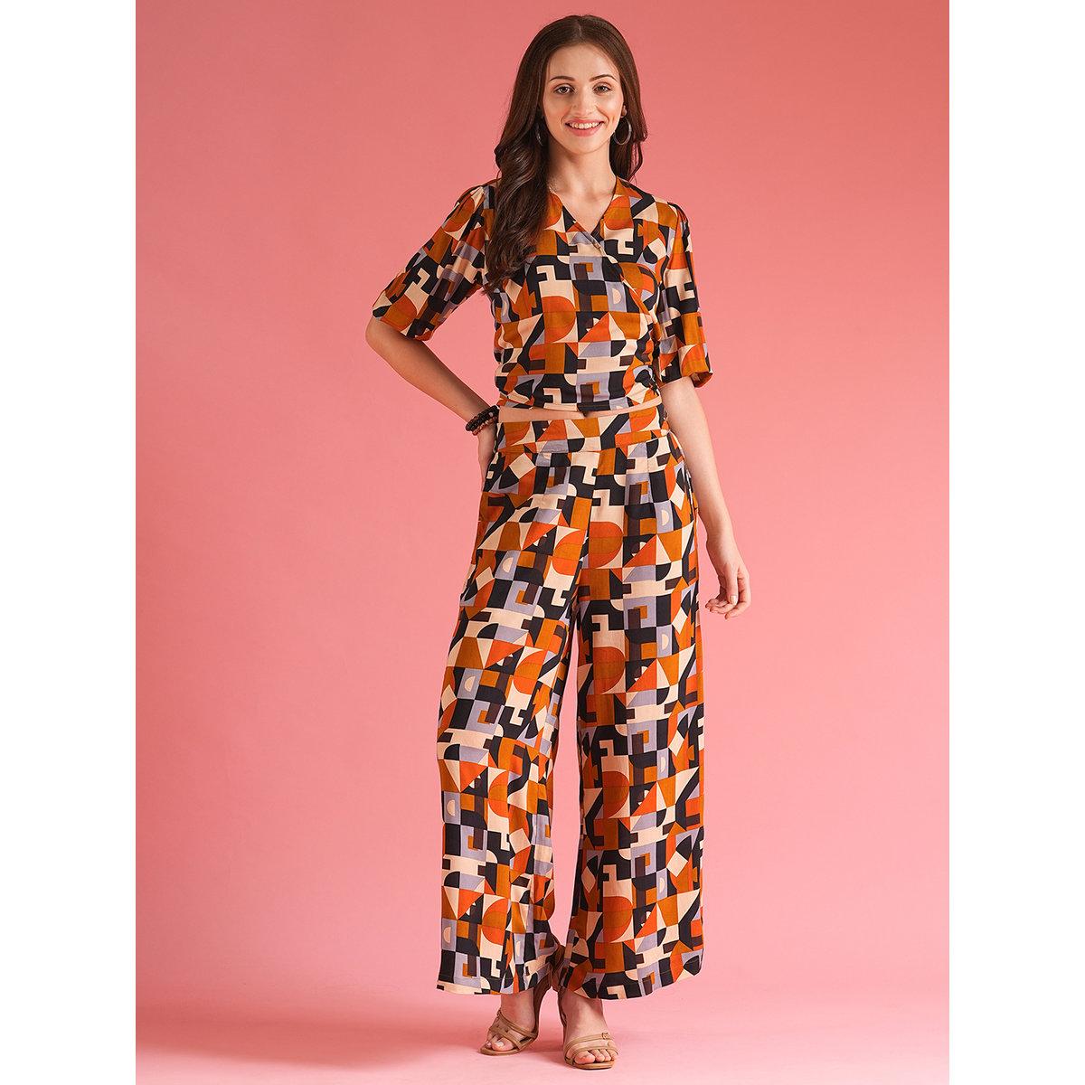 Globus X Styli Multi Abstract Wrap Top and Palazzos Co-Ords-women-clothing-coordsets-image-1