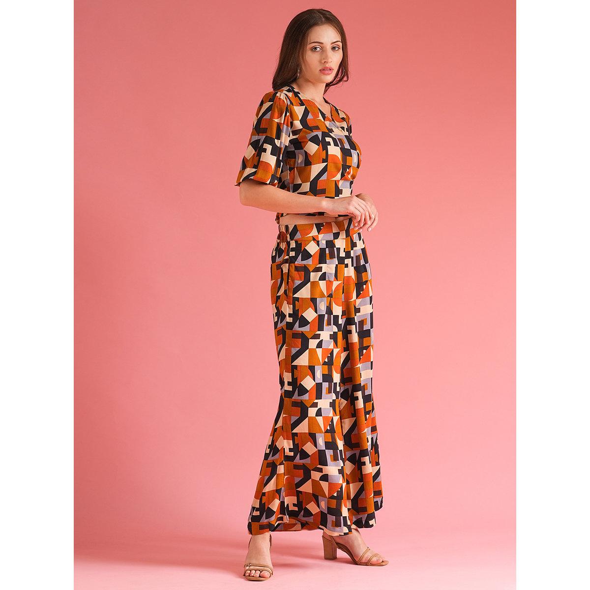 Globus X Styli Multi Abstract Wrap Top and Palazzos Co-Ords-women-clothing-coordsets-image-2
