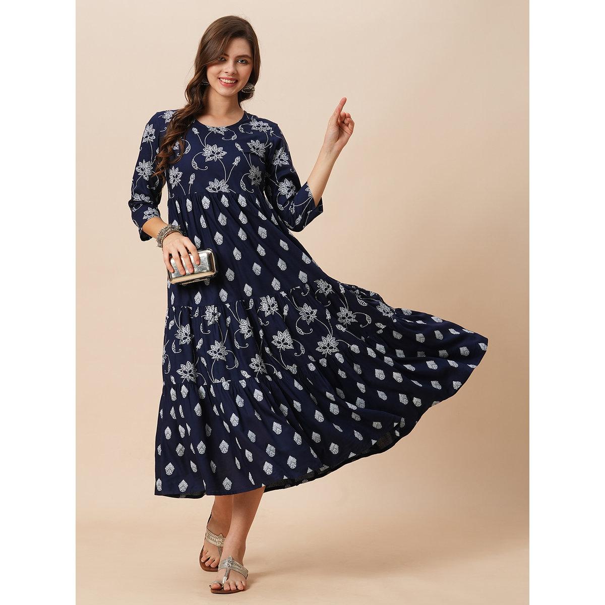 Globus X Styli Navy Floral Ethnic Print Gathered Midi Dress-women-clothing-dresses-image-1