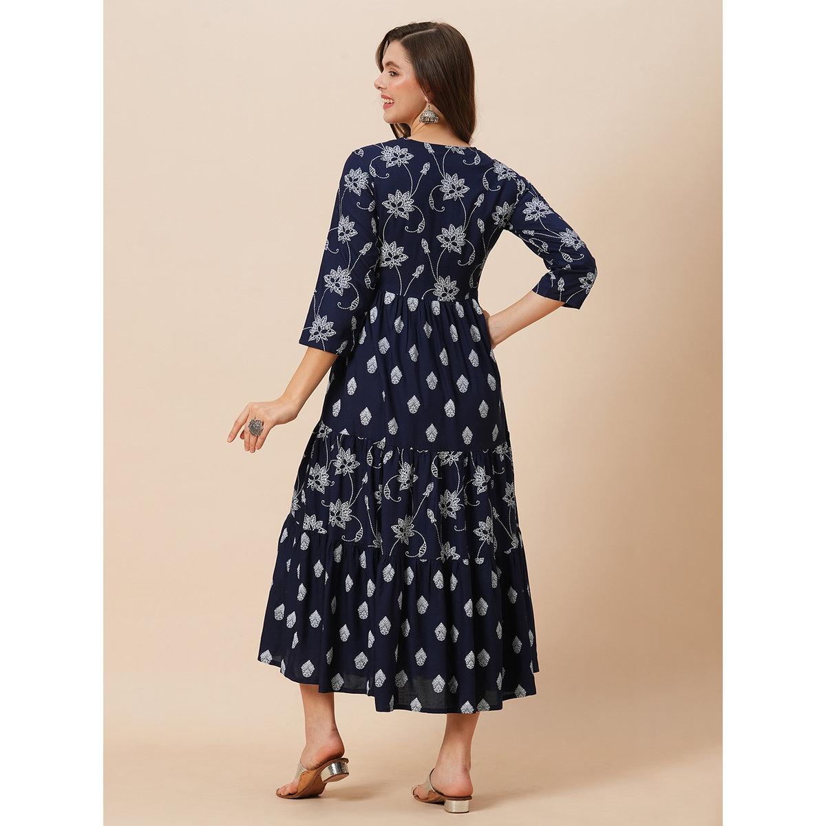 Globus X Styli Navy Floral Ethnic Print Gathered Midi Dress-women-clothing-dresses-image-3
