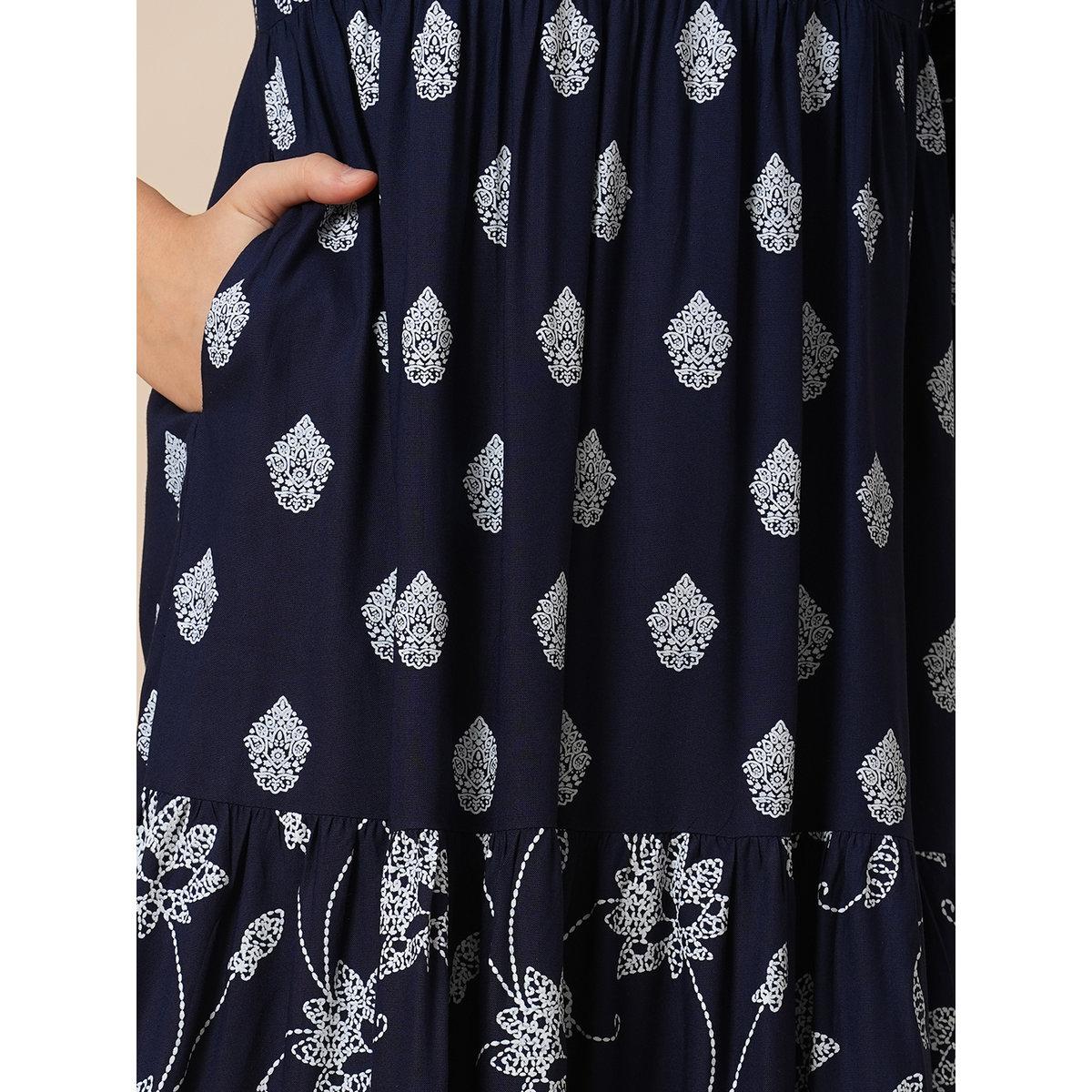 Globus X Styli Navy Floral Ethnic Print Gathered Midi Dress-women-clothing-dresses-image-5