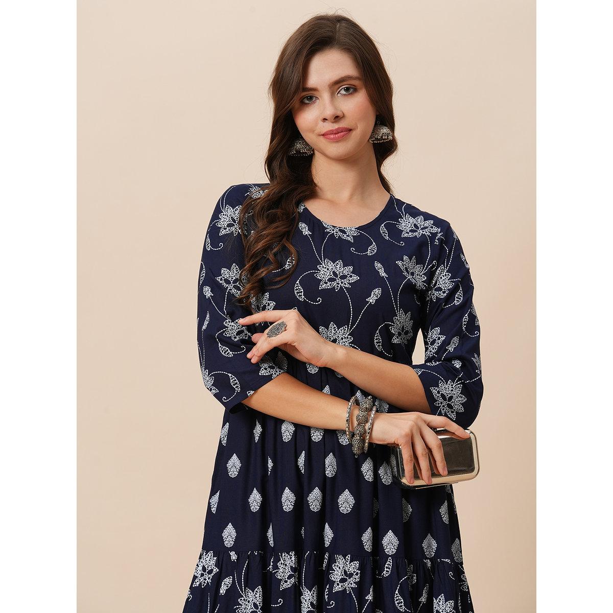 Globus X Styli Navy Floral Ethnic Print Gathered Midi Dress-women-clothing-dresses-image-6