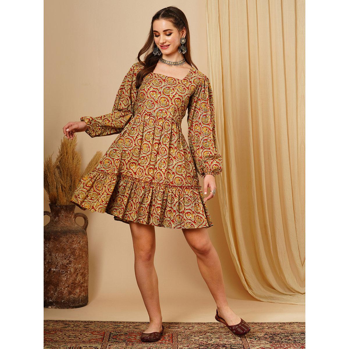 Globus X Styli Multi Square Neck Ethnic Motifs Fusion Mini Dress-women-clothing-dresses-image-1