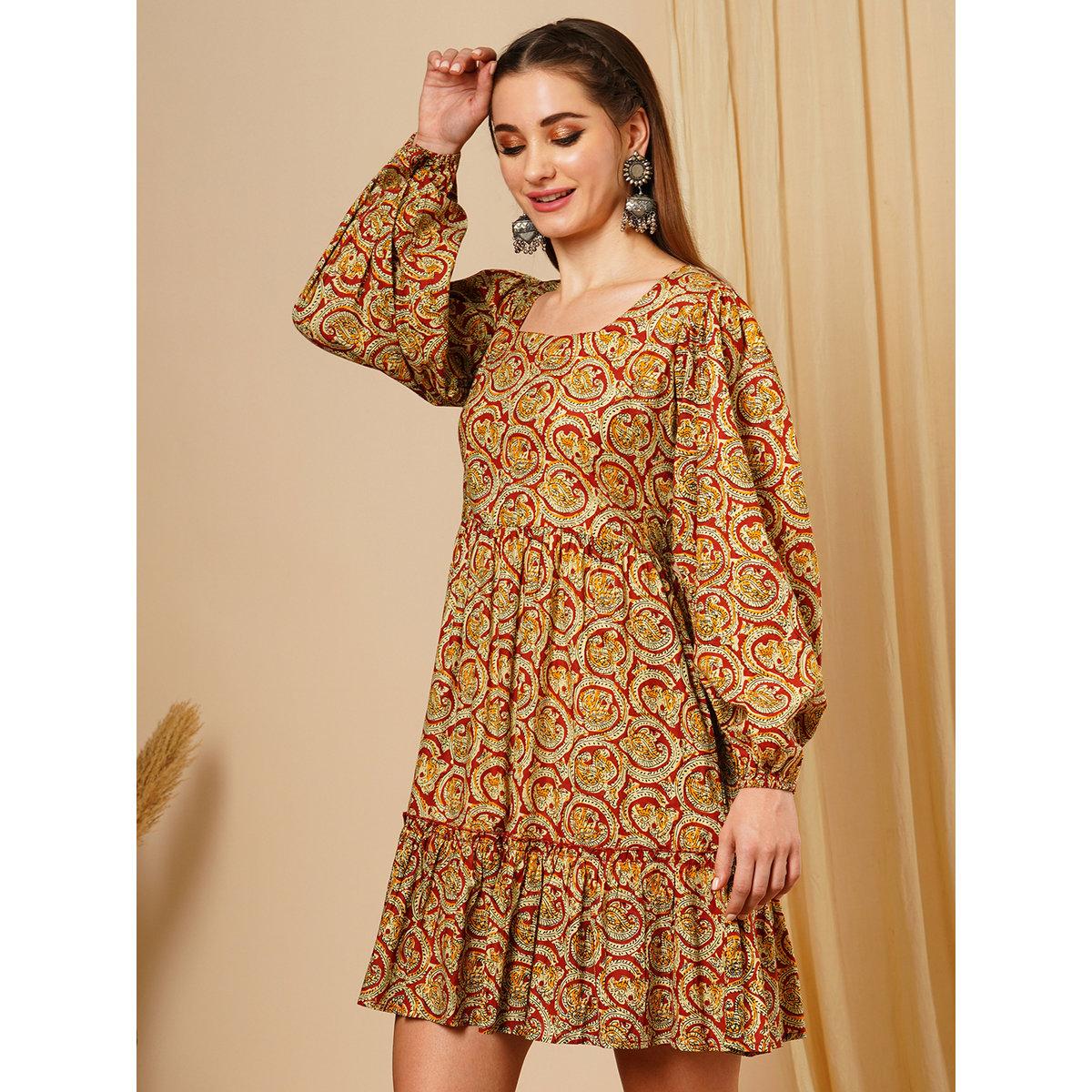 Globus X Styli Multi Square Neck Ethnic Motifs Fusion Mini Dress-women-clothing-dresses-image-2