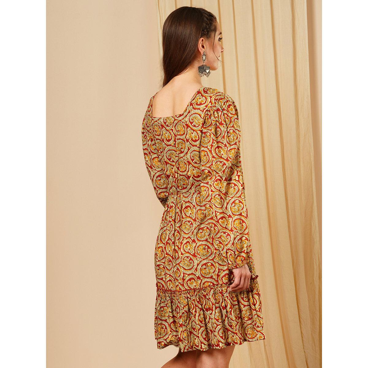Globus X Styli Multi Square Neck Ethnic Motifs Fusion Mini Dress-women-clothing-dresses-image-3