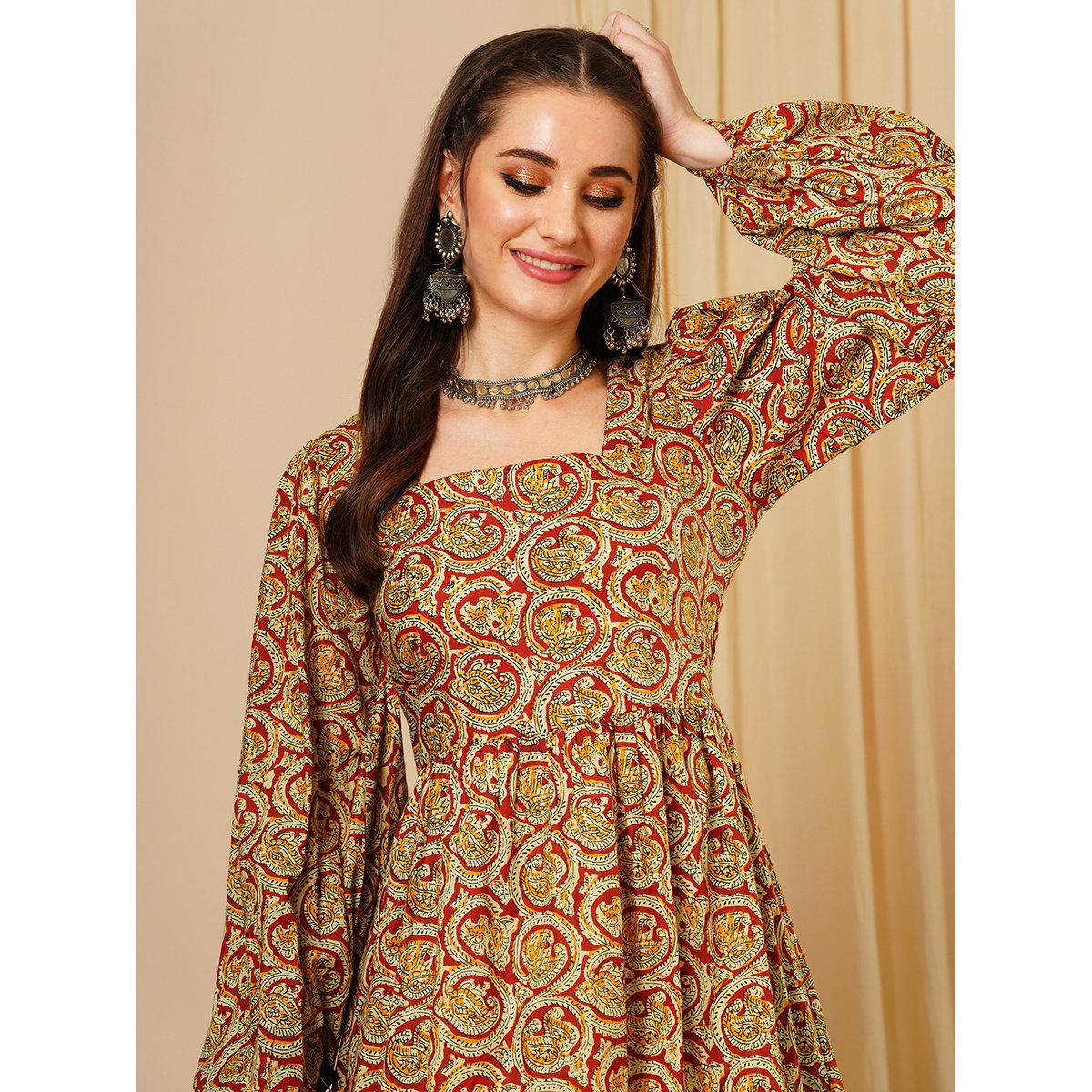 Globus X Styli Multi Square Neck Ethnic Motifs Fusion Mini Dress-women-clothing-dresses-image-6