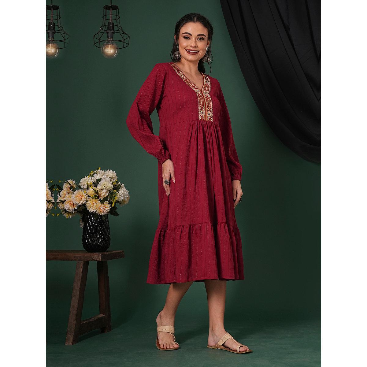 Globus X Styli Maroon Embroidered Shimmer Festive Midi Dress-women-clothing-dresses-image-2