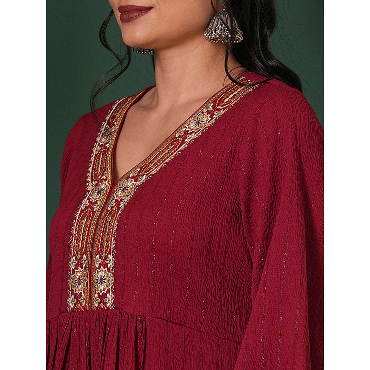 Globus X Styli Maroon Embroidered Shimmer Festive Midi Dress-women-clothing-dresses-image-4