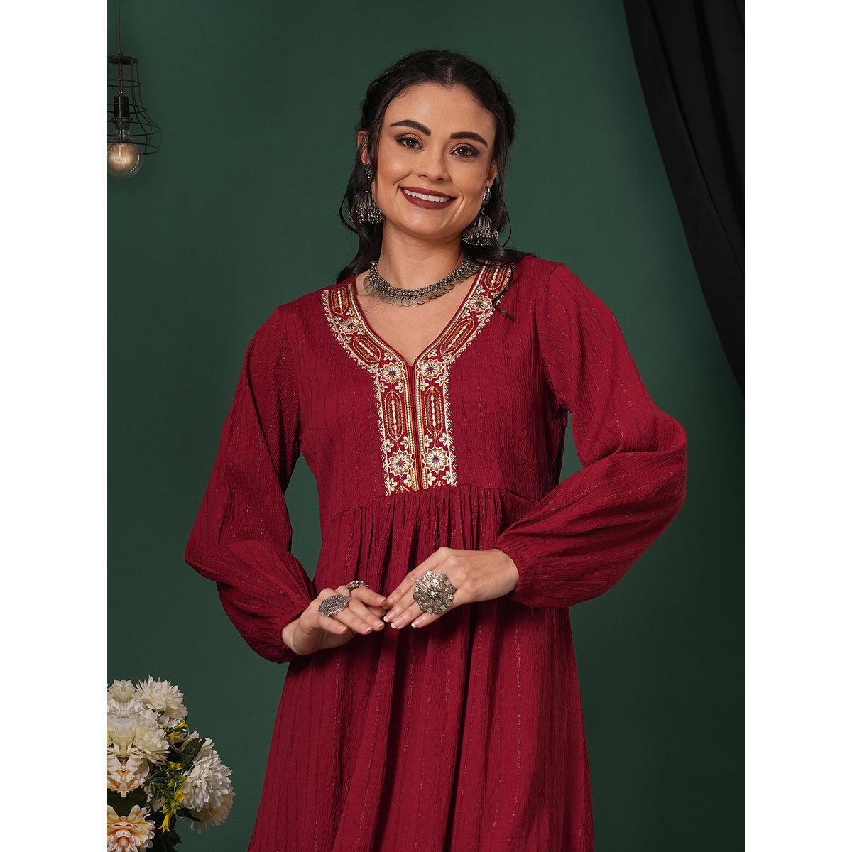 Globus X Styli Maroon Embroidered Shimmer Festive Midi Dress-women-clothing-dresses-image-5