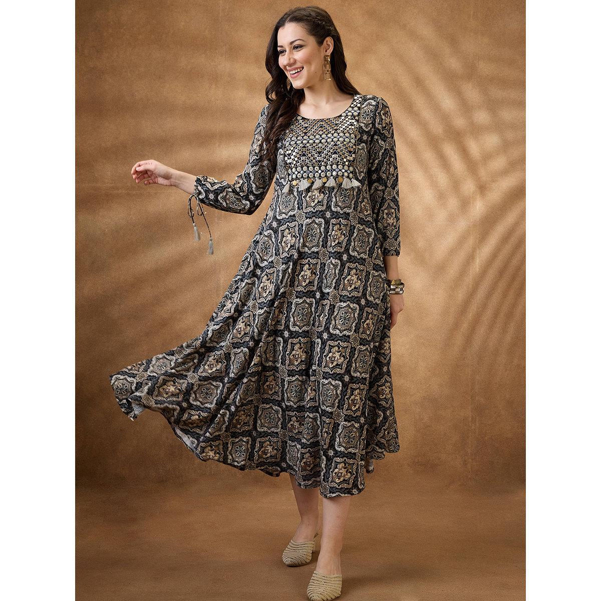 Globus X Styli Black Embroidered Yoke Ethnic Motif Fusion Midi Dress-women-clothing-dresses-image-1