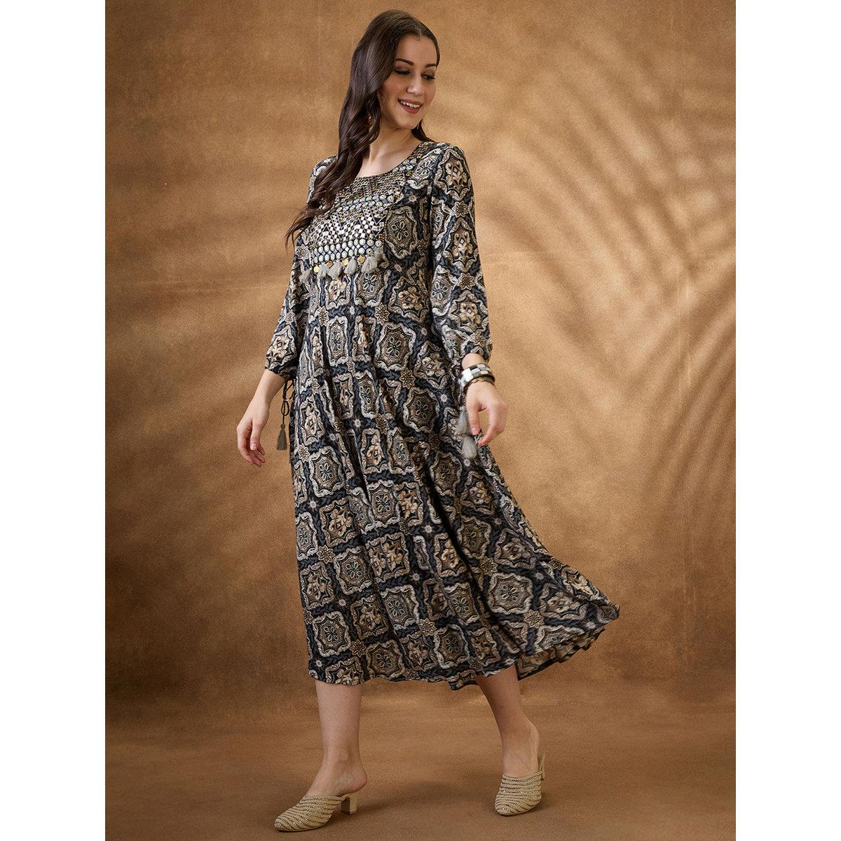 Globus X Styli Black Embroidered Yoke Ethnic Motif Fusion Midi Dress-women-clothing-dresses-image-2