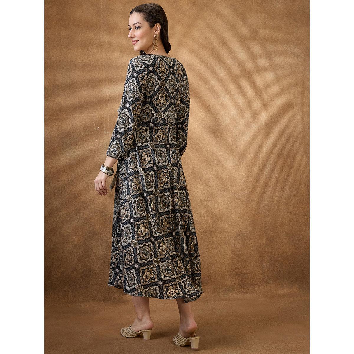 Globus X Styli Black Embroidered Yoke Ethnic Motif Fusion Midi Dress-women-clothing-dresses-image-3