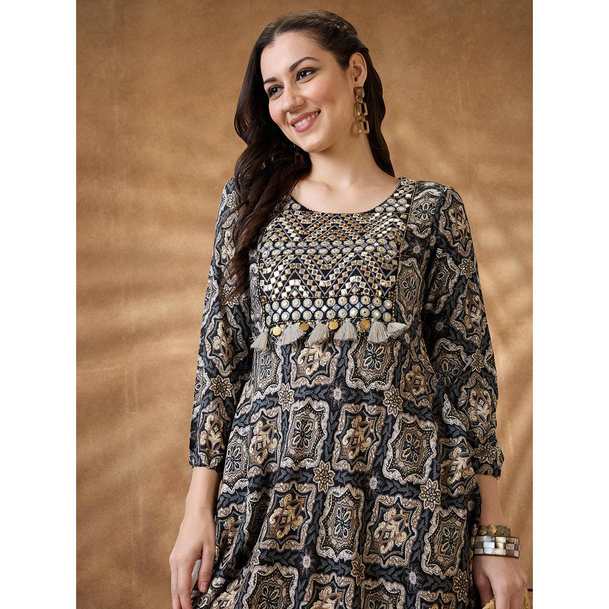 Globus X Styli Black Embroidered Yoke Ethnic Motif Fusion Midi Dress-women-clothing-dresses-image-5