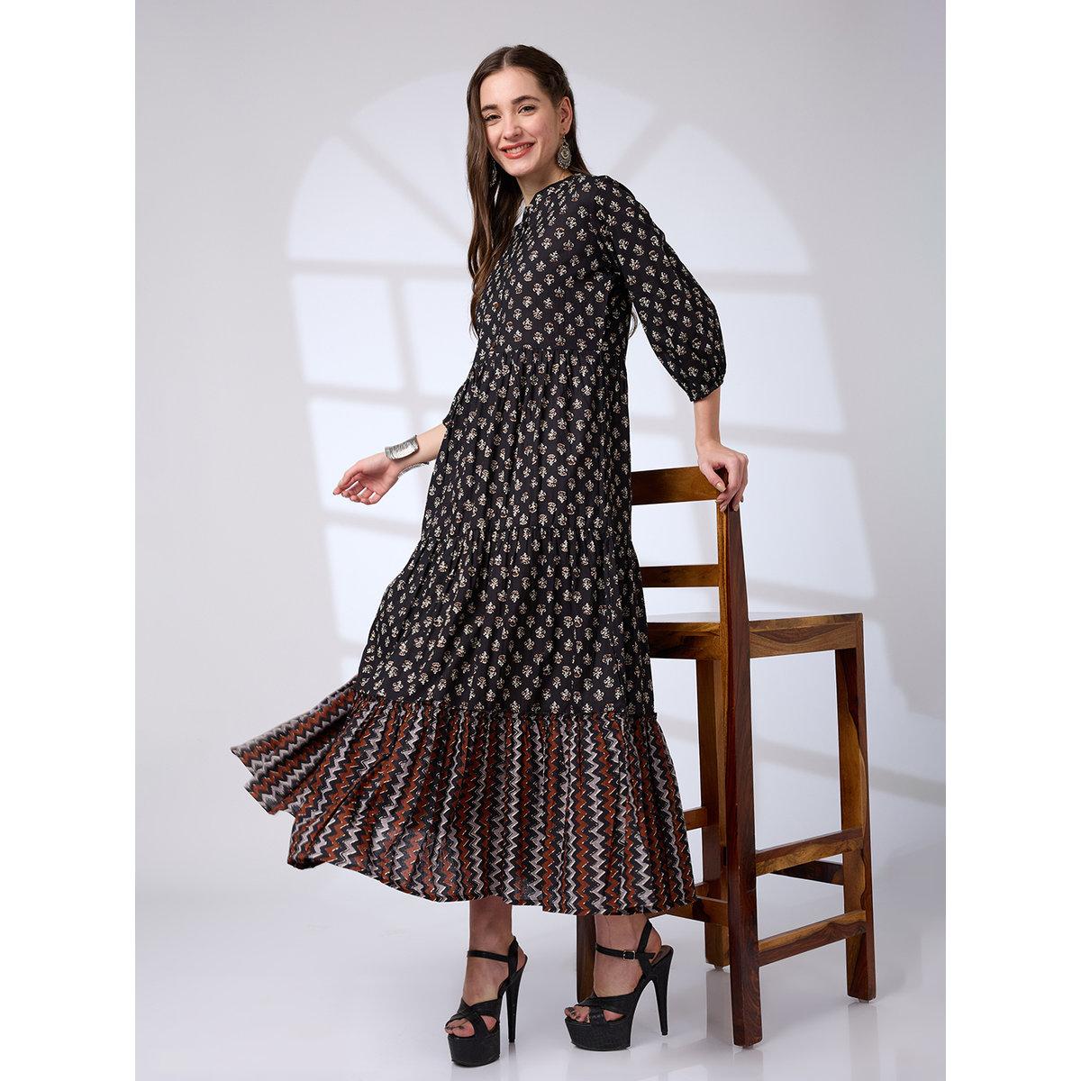 Globus X Styli Black Cotton Ethnic Print Workwear Maxi Dress-women-clothing-dresses-image-1