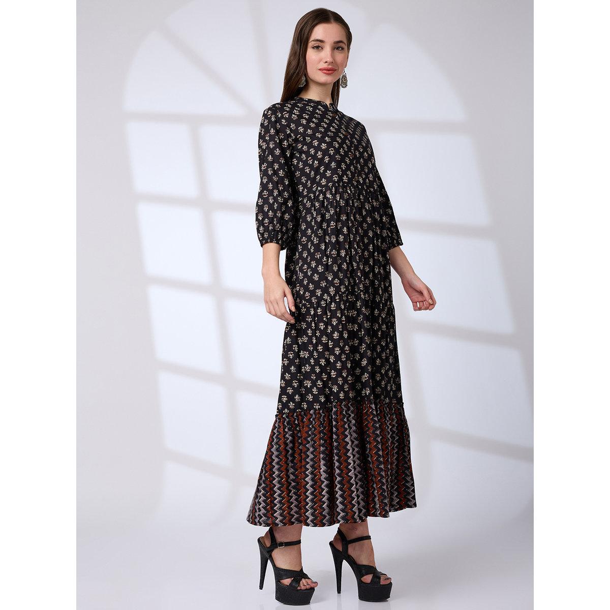Globus X Styli Black Cotton Ethnic Print Workwear Maxi Dress-women-clothing-dresses-image-2
