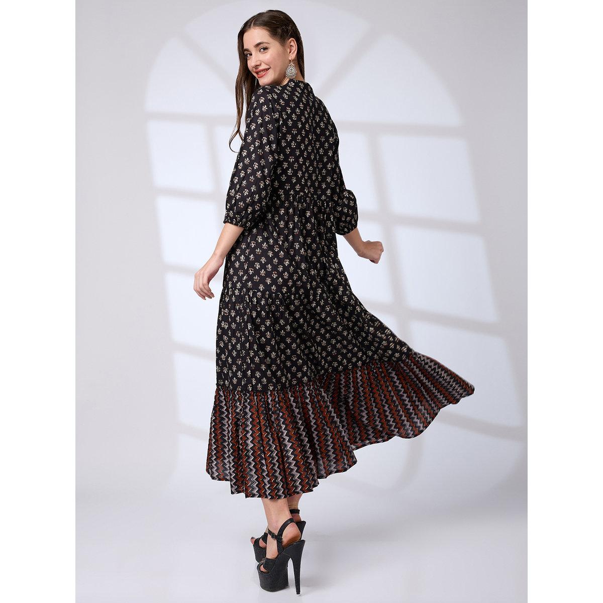 Globus X Styli Black Cotton Ethnic Print Workwear Maxi Dress-women-clothing-dresses-image-3