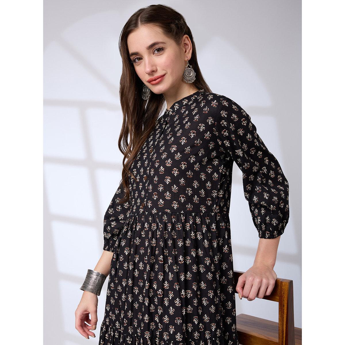 Globus X Styli Black Cotton Ethnic Print Workwear Maxi Dress-women-clothing-dresses-image-5
