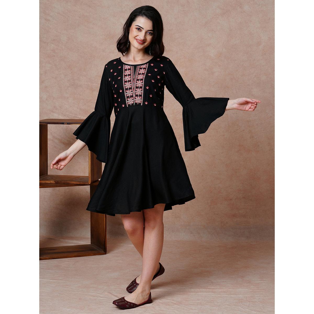 Globus X Styli Black Embroidered Yoke Bell Sleeves Mini Dress-women-clothing-dresses-image-2