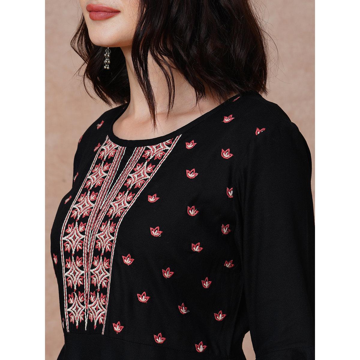 Globus X Styli Black Embroidered Yoke Bell Sleeves Mini Dress-women-clothing-dresses-image-4