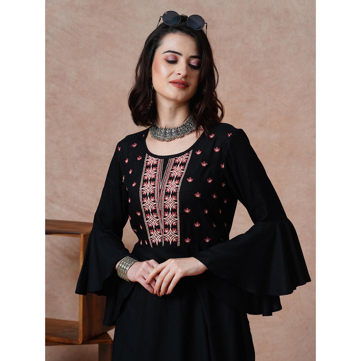 Globus X Styli Black Embroidered Yoke Bell Sleeves Mini Dress-women-clothing-dresses-image-5