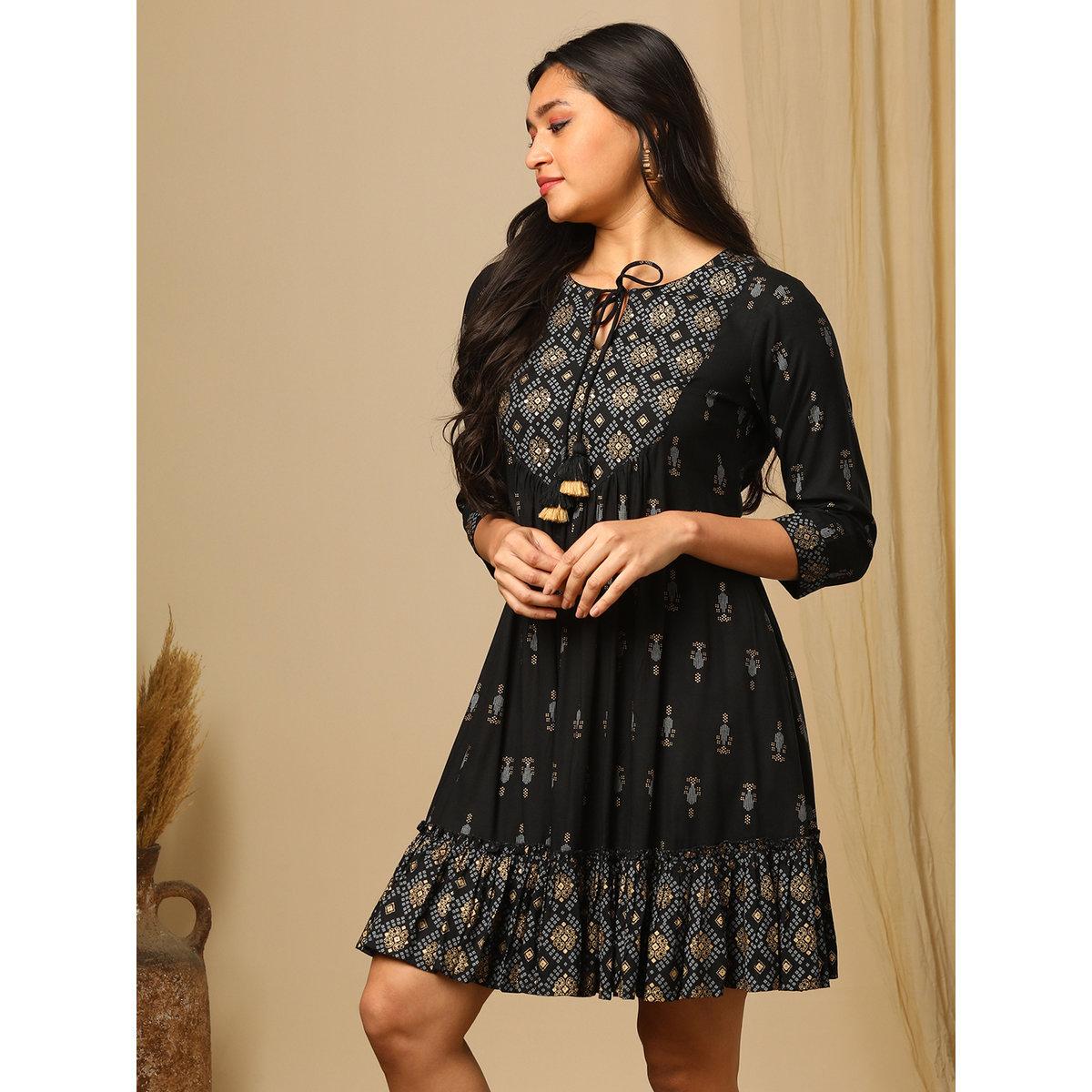Globus X Styli Black Geometric Bandhani Print Yoke Fusion Mini Dress-women-clothing-dresses-image-2