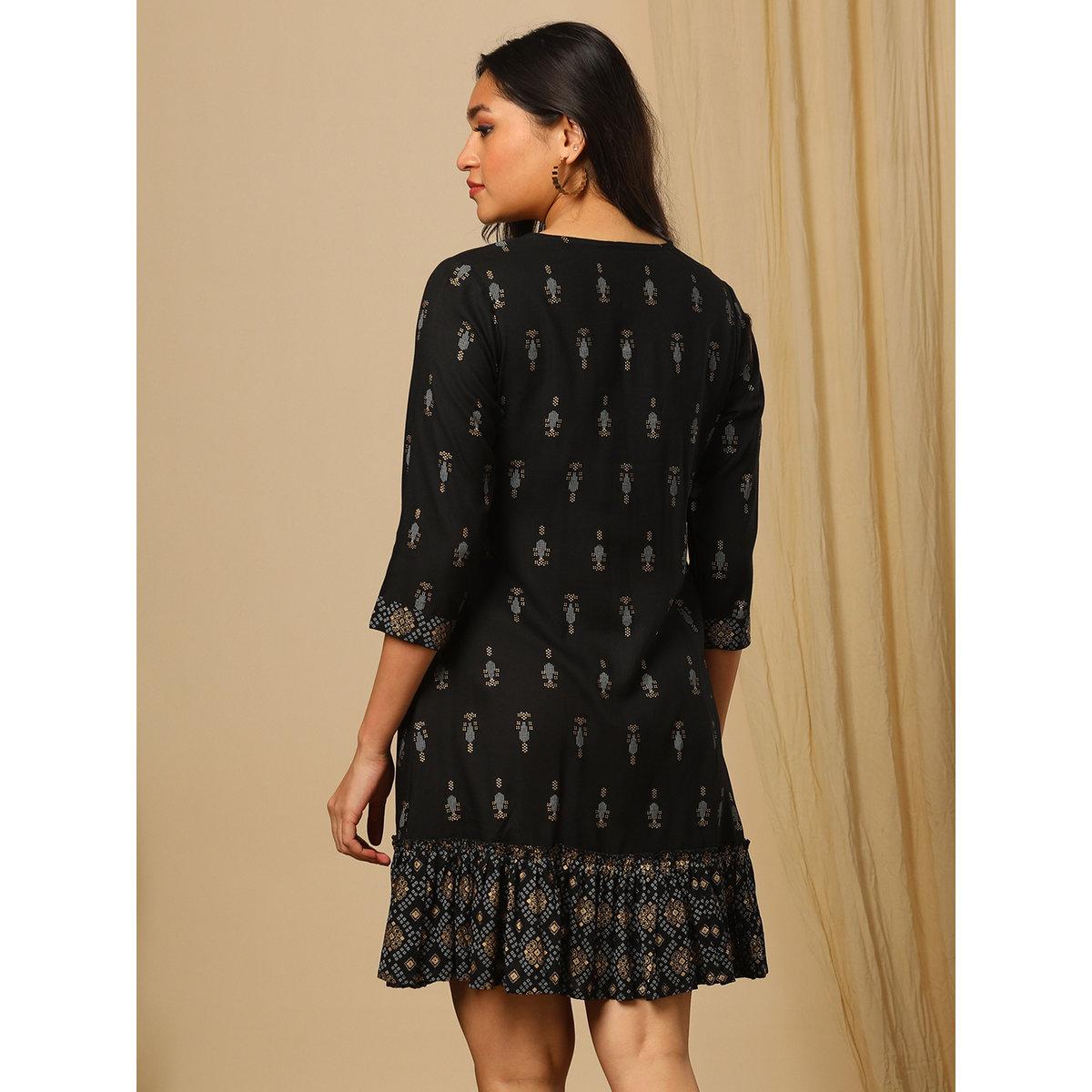 فستان قصير بطباعة مع ياقة بأربطة-women-clothing-dresses-image-3