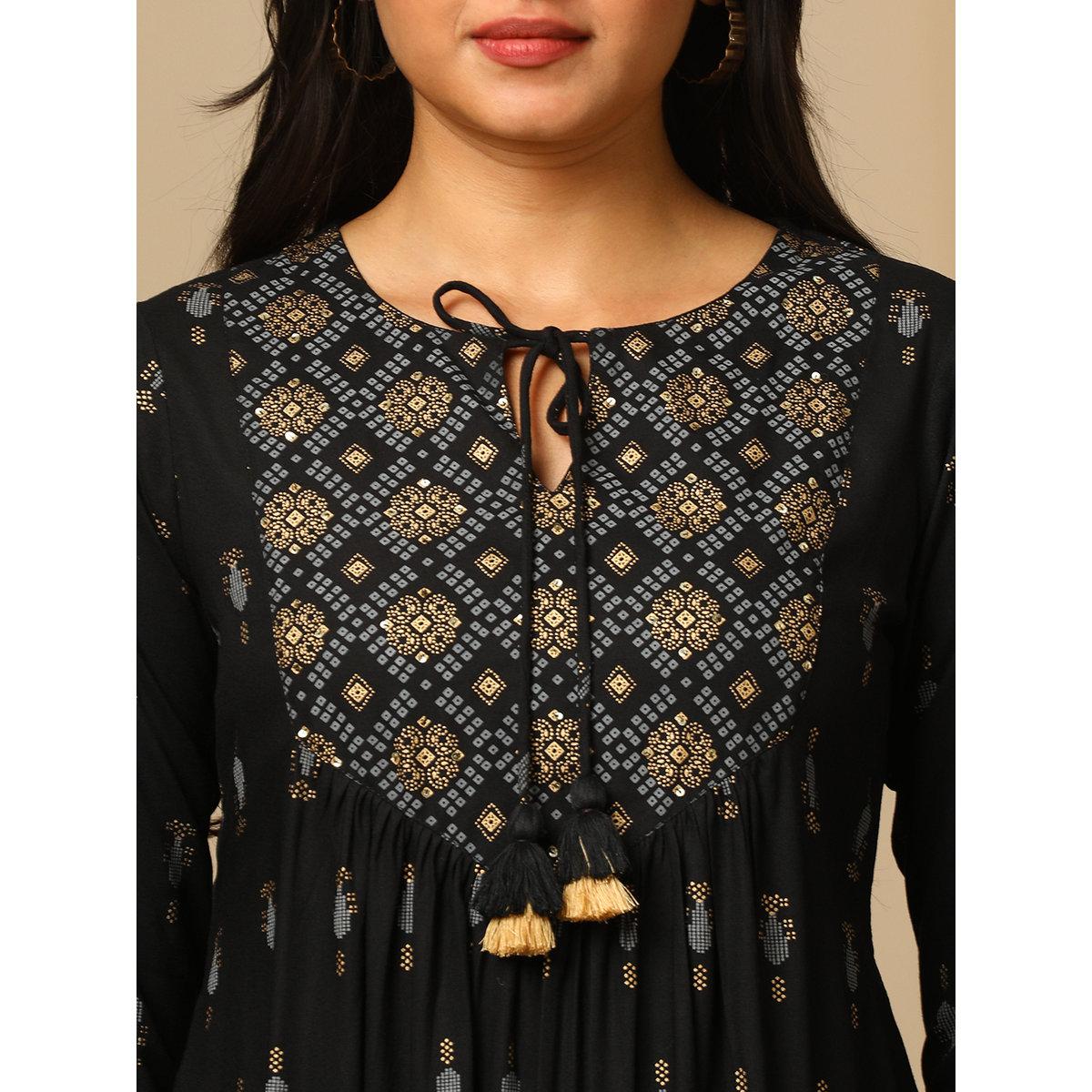 Globus X Styli Black Geometric Bandhani Print Yoke Fusion Mini Dress-women-clothing-dresses-image-4