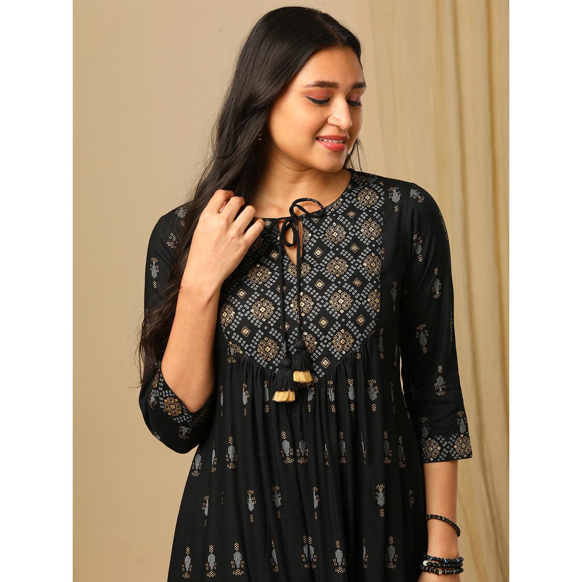 Globus X Styli Black Geometric Bandhani Print Yoke Fusion Mini Dress-women-clothing-dresses-image-5