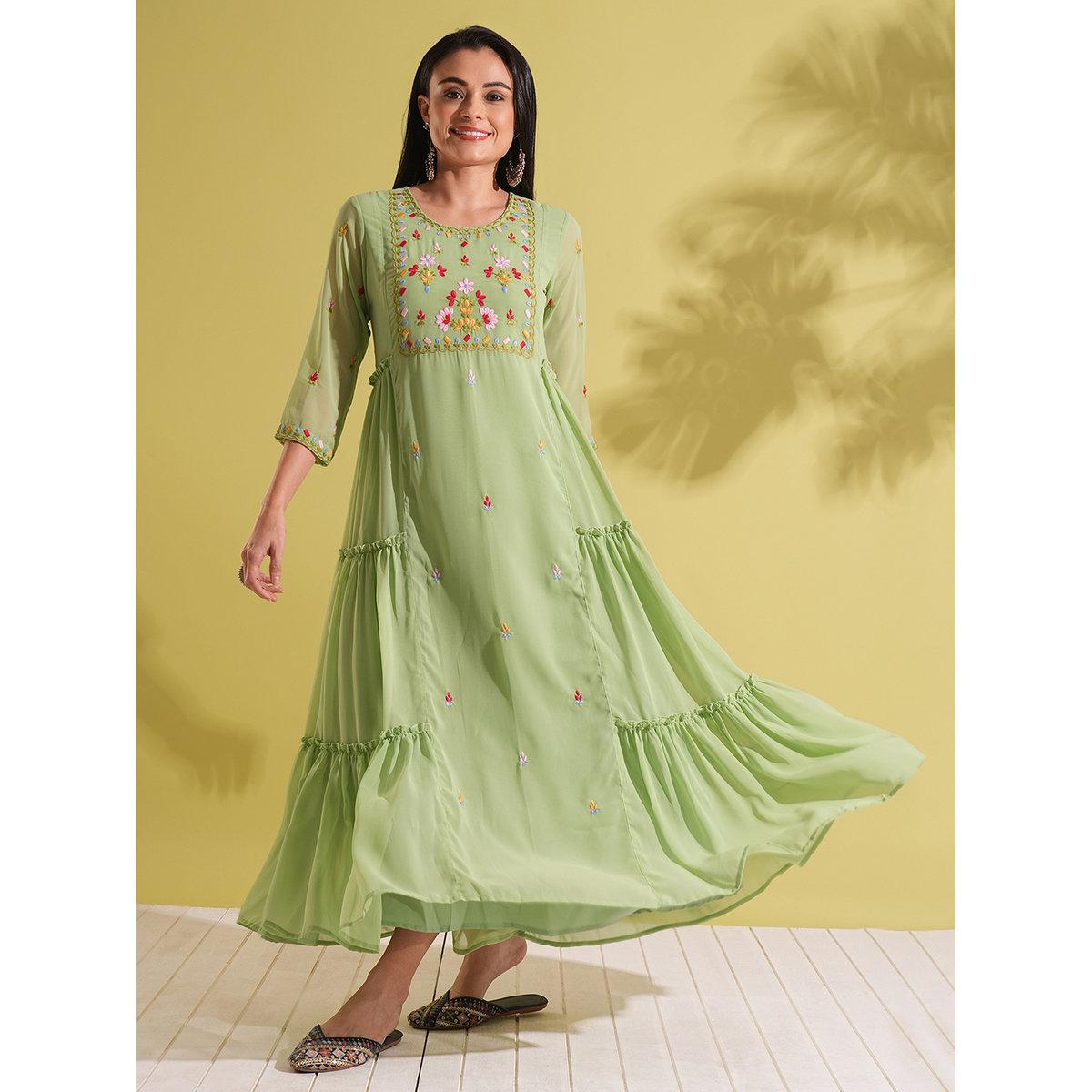 Globus X Styli Green Embroidered Yoke Georgette Fusion Maxi Dress-women-clothing-dresses-image-1