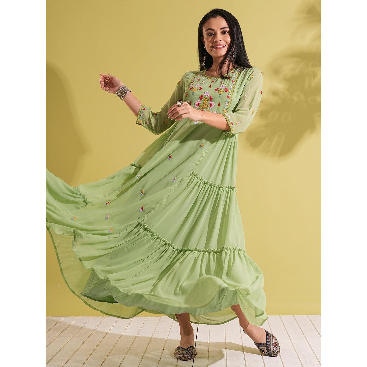 Globus X Styli Green Embroidered Yoke Georgette Fusion Maxi Dress-women-clothing-dresses-image-2
