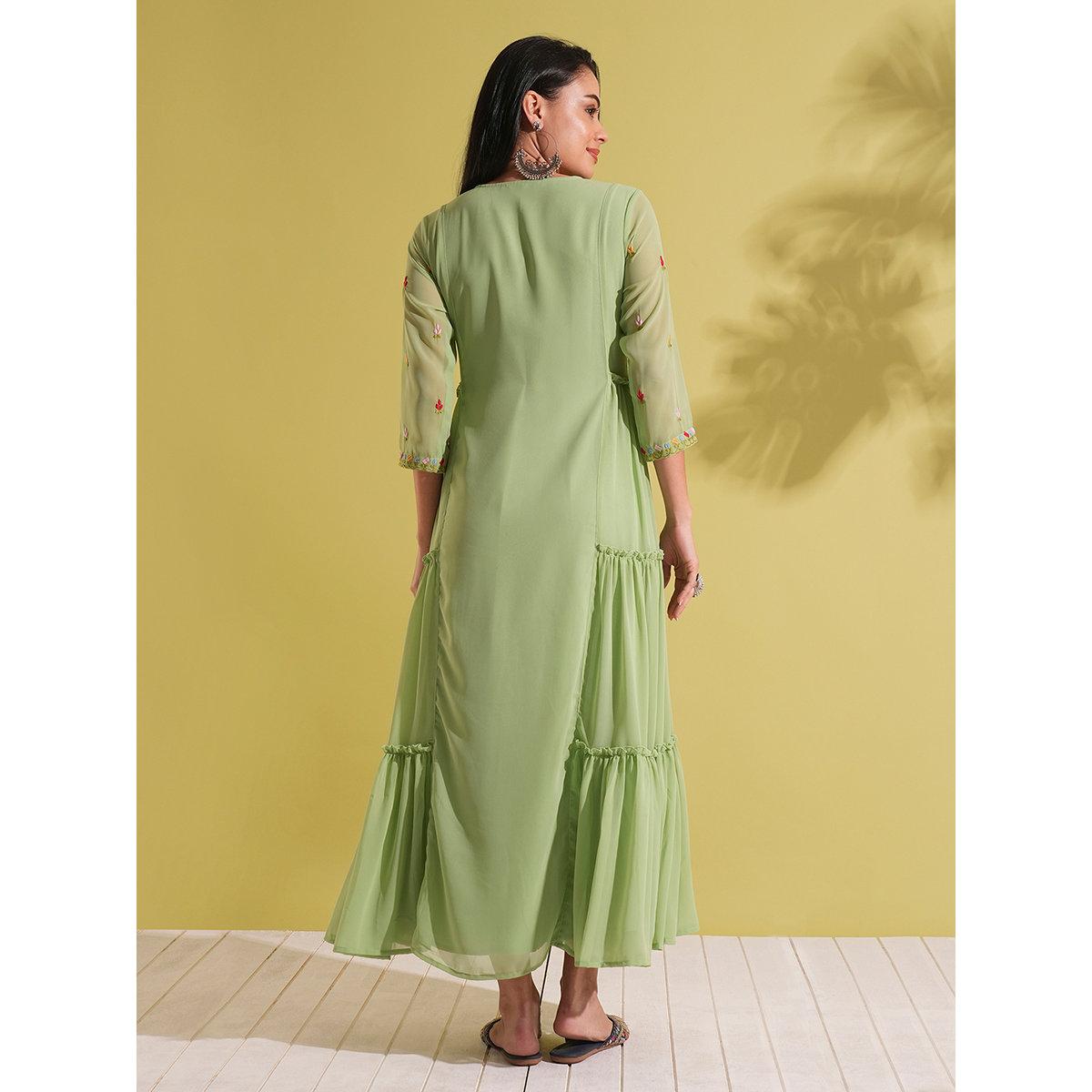 Globus X Styli Green Embroidered Yoke Georgette Fusion Maxi Dress-women-clothing-dresses-image-3