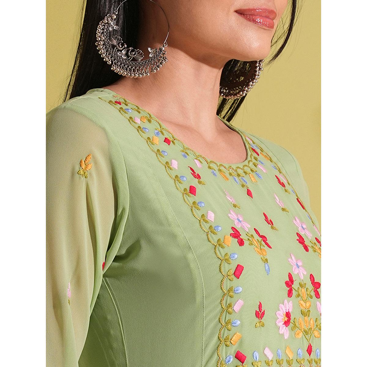 Globus X Styli Green Embroidered Yoke Georgette Fusion Maxi Dress-women-clothing-dresses-image-4