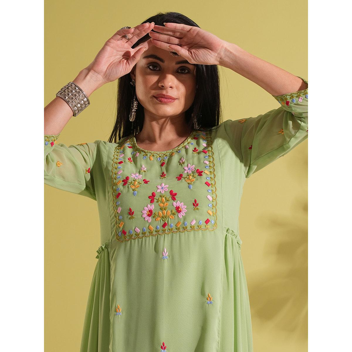 Globus X Styli Green Embroidered Yoke Georgette Fusion Maxi Dress-women-clothing-dresses-image-5