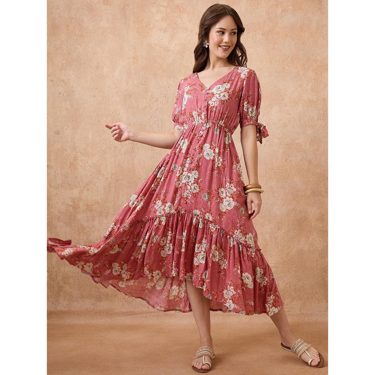 Globus X Styli Pink Floral Print Fusion Midi Dress-women-clothing-dresses-image-1