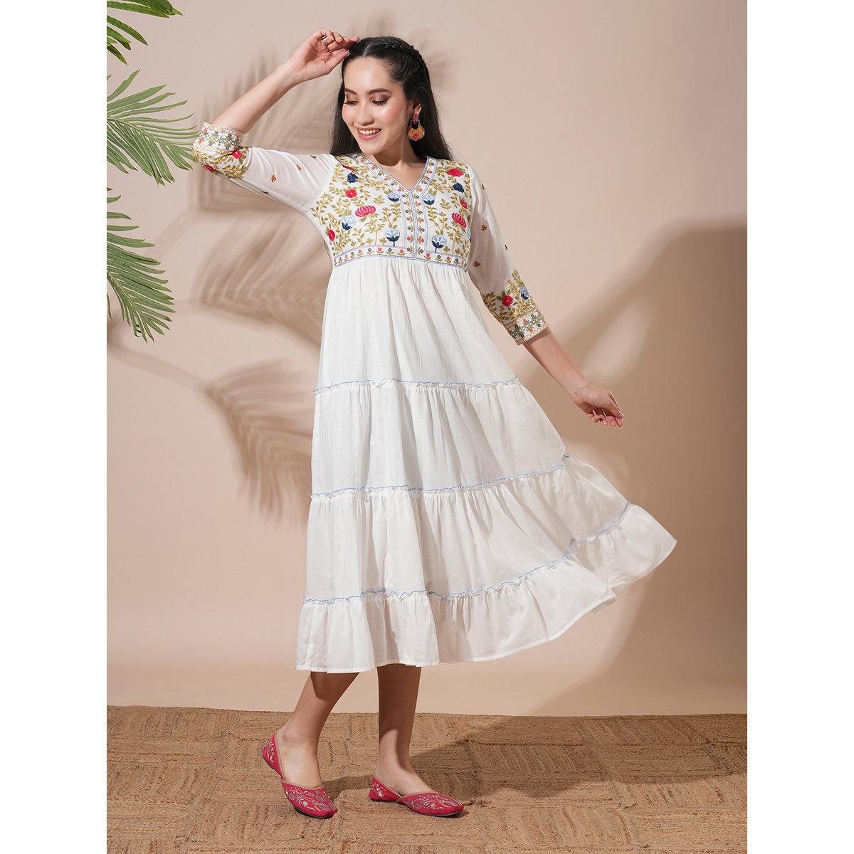 Globus X Styli White Embroidered Yoke Festive Midi Dress-women-clothing-dresses-image-2