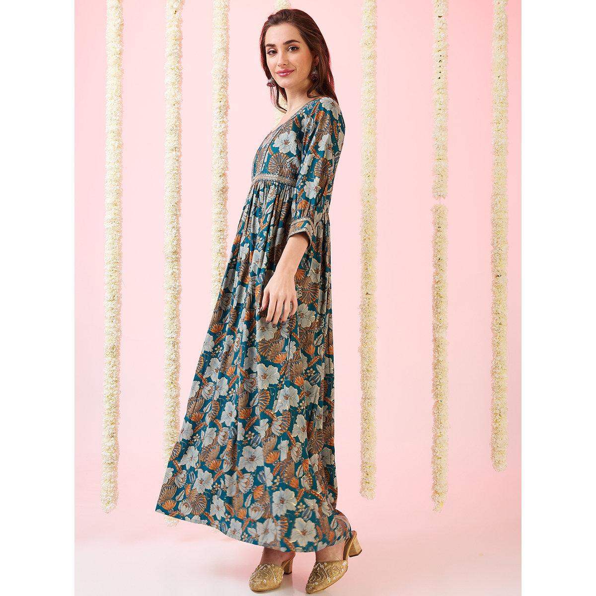Globus X Styli Green Foil Floral Print Fusion Maxi Dress-women-clothing-dresses-image-2