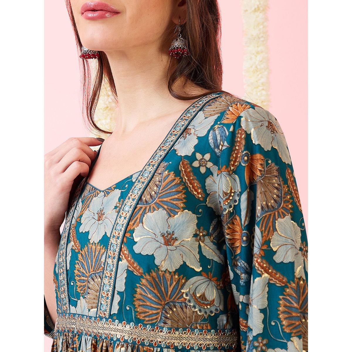 Globus X Styli Green Foil Floral Print Fusion Maxi Dress-women-clothing-dresses-image-4