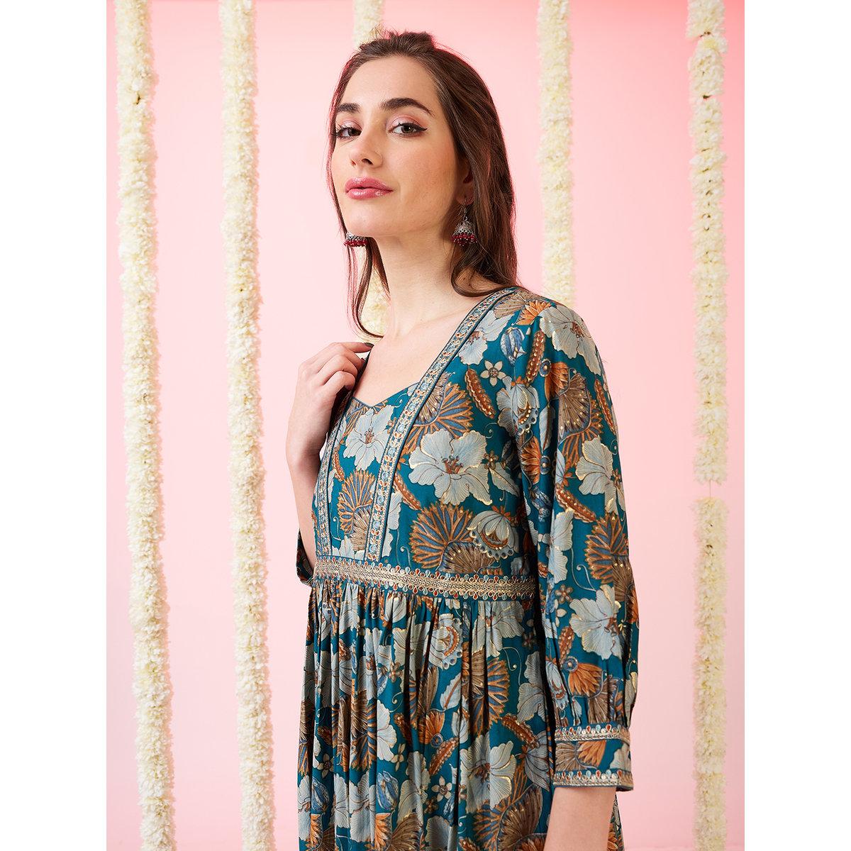 Globus X Styli Green Foil Floral Print Fusion Maxi Dress-women-clothing-dresses-image-5