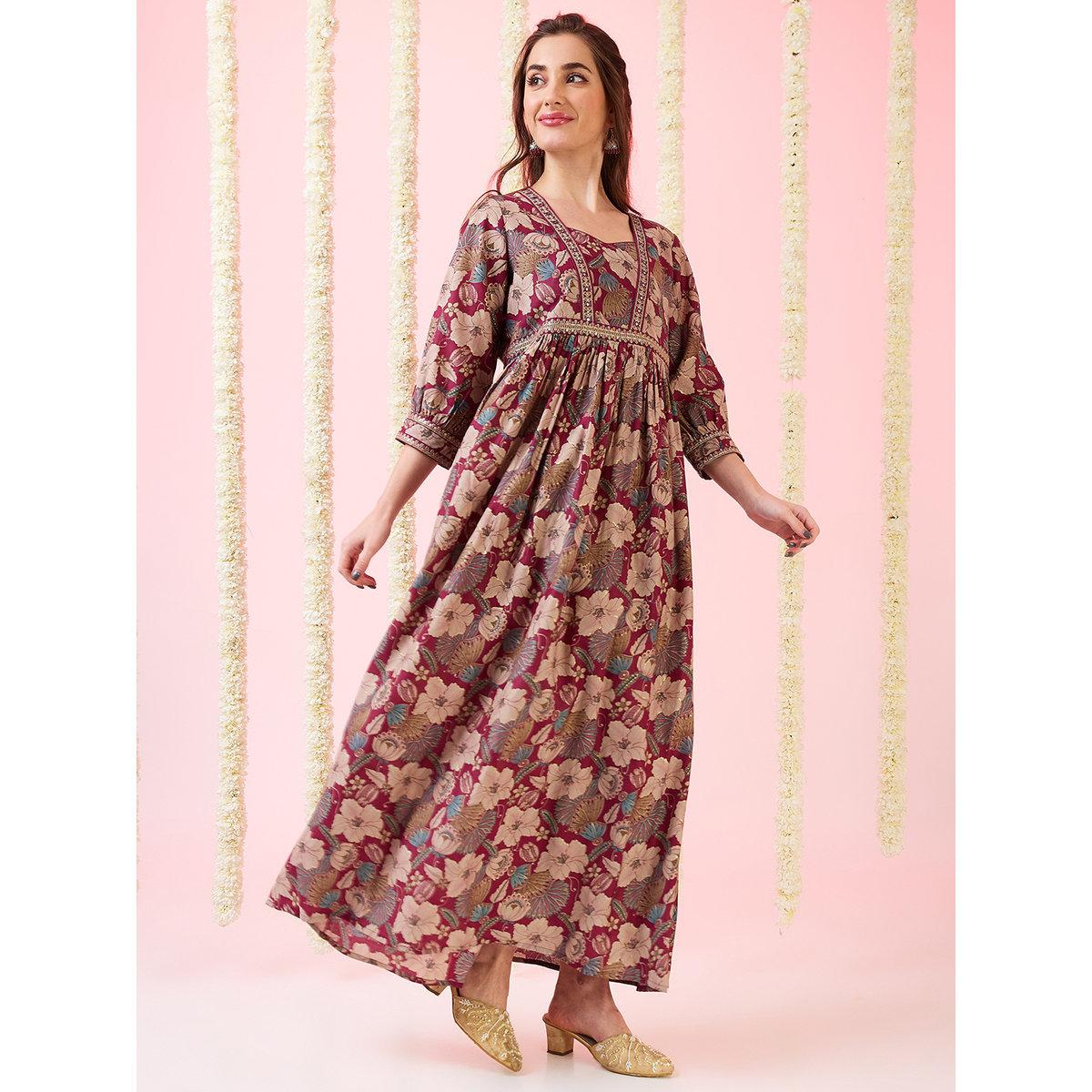 Globus X Styli Maroon Foil Floral Print Gathered Fusion Maxi Dress-women-clothing-dresses-image-1