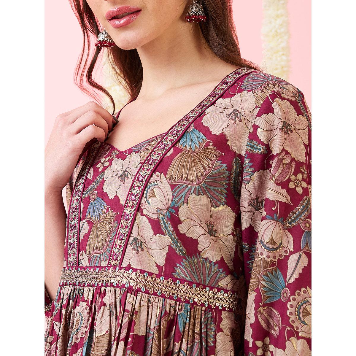 Globus X Styli Maroon Foil Floral Print Gathered Fusion Maxi Dress-women-clothing-dresses-image-4
