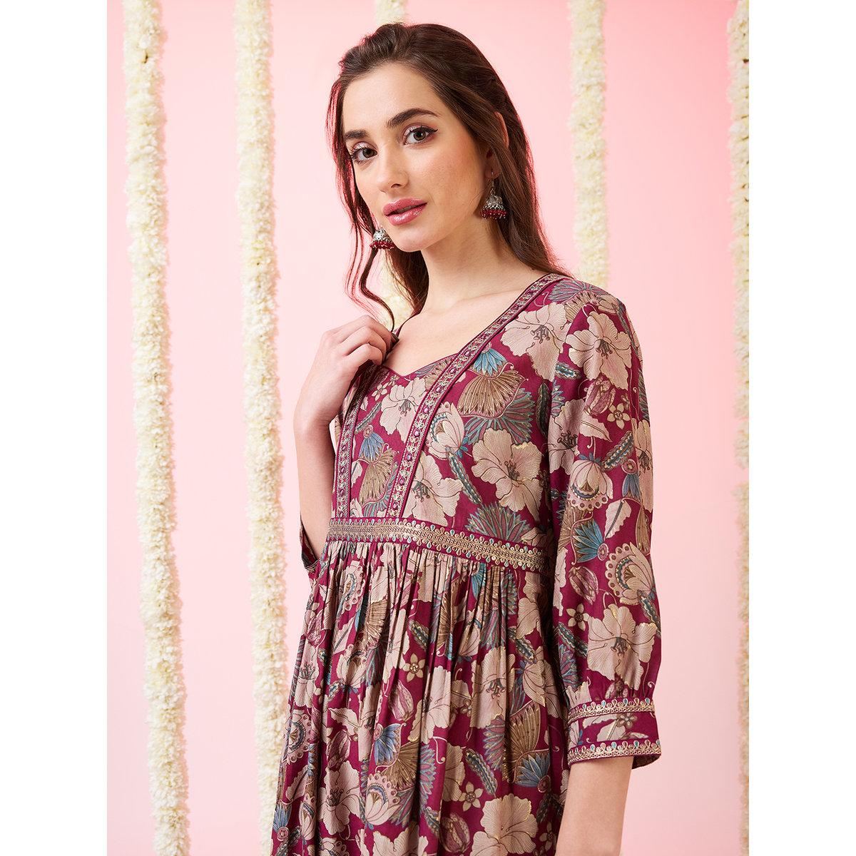 Globus X Styli Maroon Foil Floral Print Gathered Fusion Maxi Dress-women-clothing-dresses-image-5