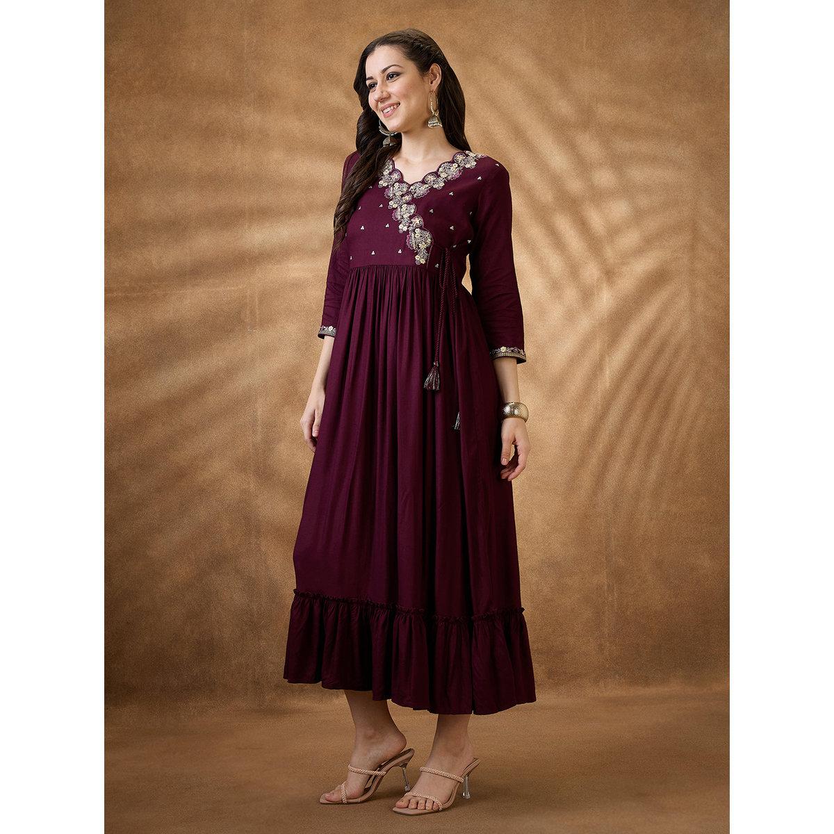Globus X Styli Purple Embroidered V Neck Midi Festive Dress-women-clothing-dresses-image-2