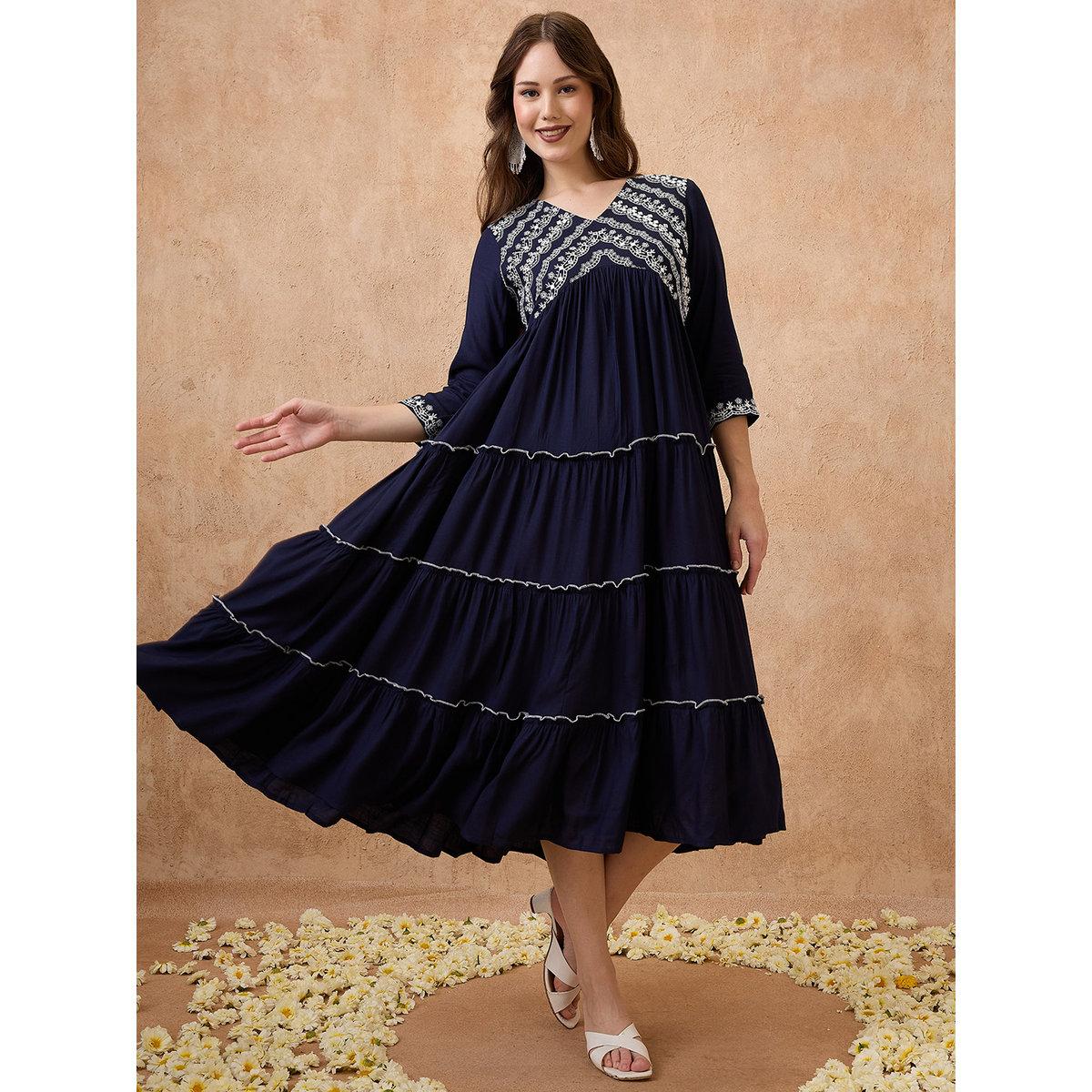 Globus X Styli Navy Embroidered Yoke Alia Cut Ethnic Midi Dress-women-clothing-dresses-image-1