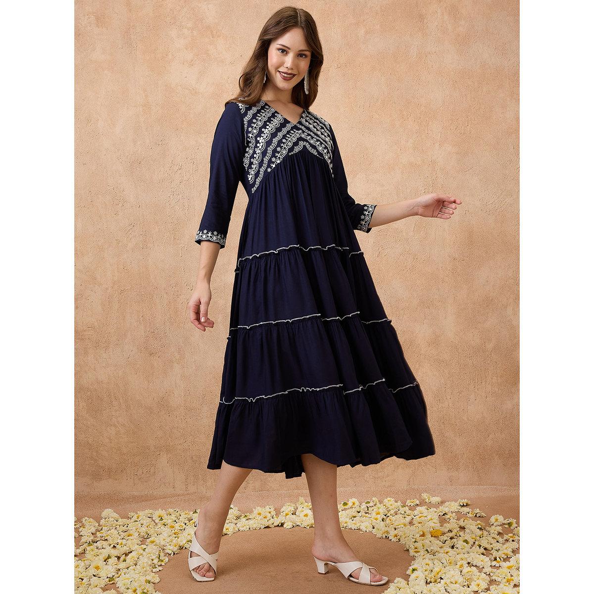 Globus X Styli Navy Embroidered Yoke Alia Cut Ethnic Midi Dress-women-clothing-dresses-image-2