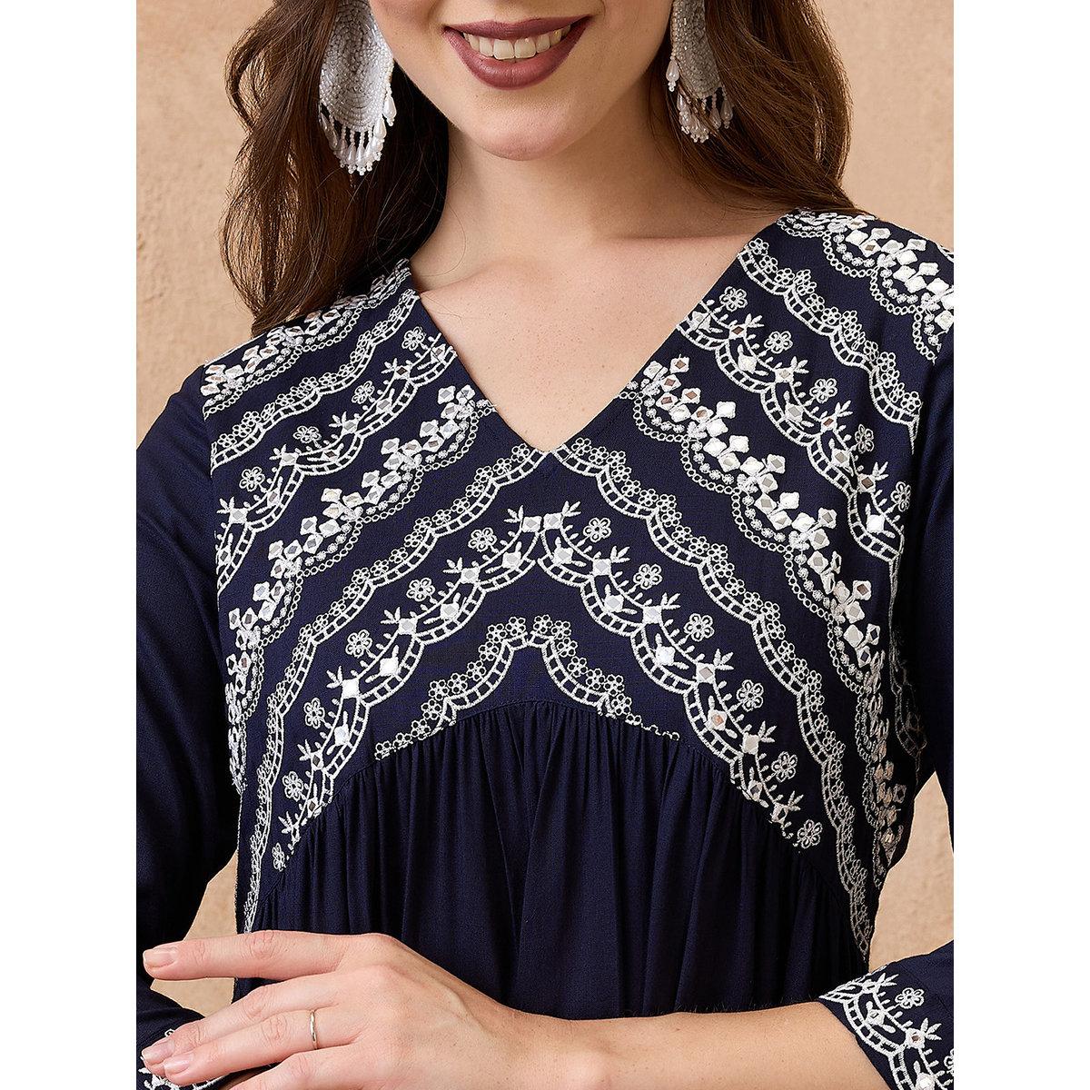 Globus X Styli Navy Embroidered Yoke Alia Cut Ethnic Midi Dress-women-clothing-dresses-image-4