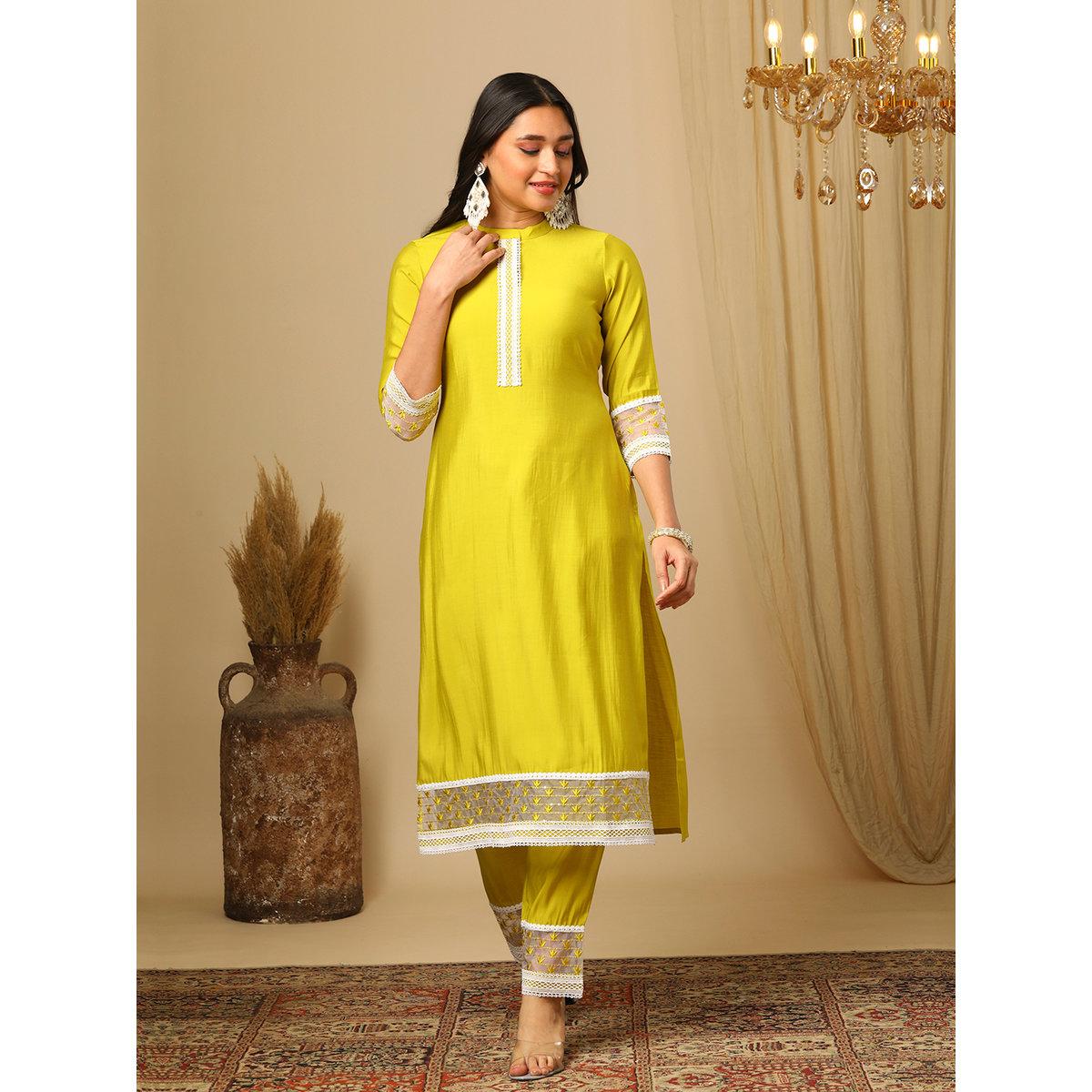 Globus X Styli Yellow Embroidered Sequin Lace Detail Kurta and Pants Set-women-clothing-ethnicwear-kurtasets-image-1