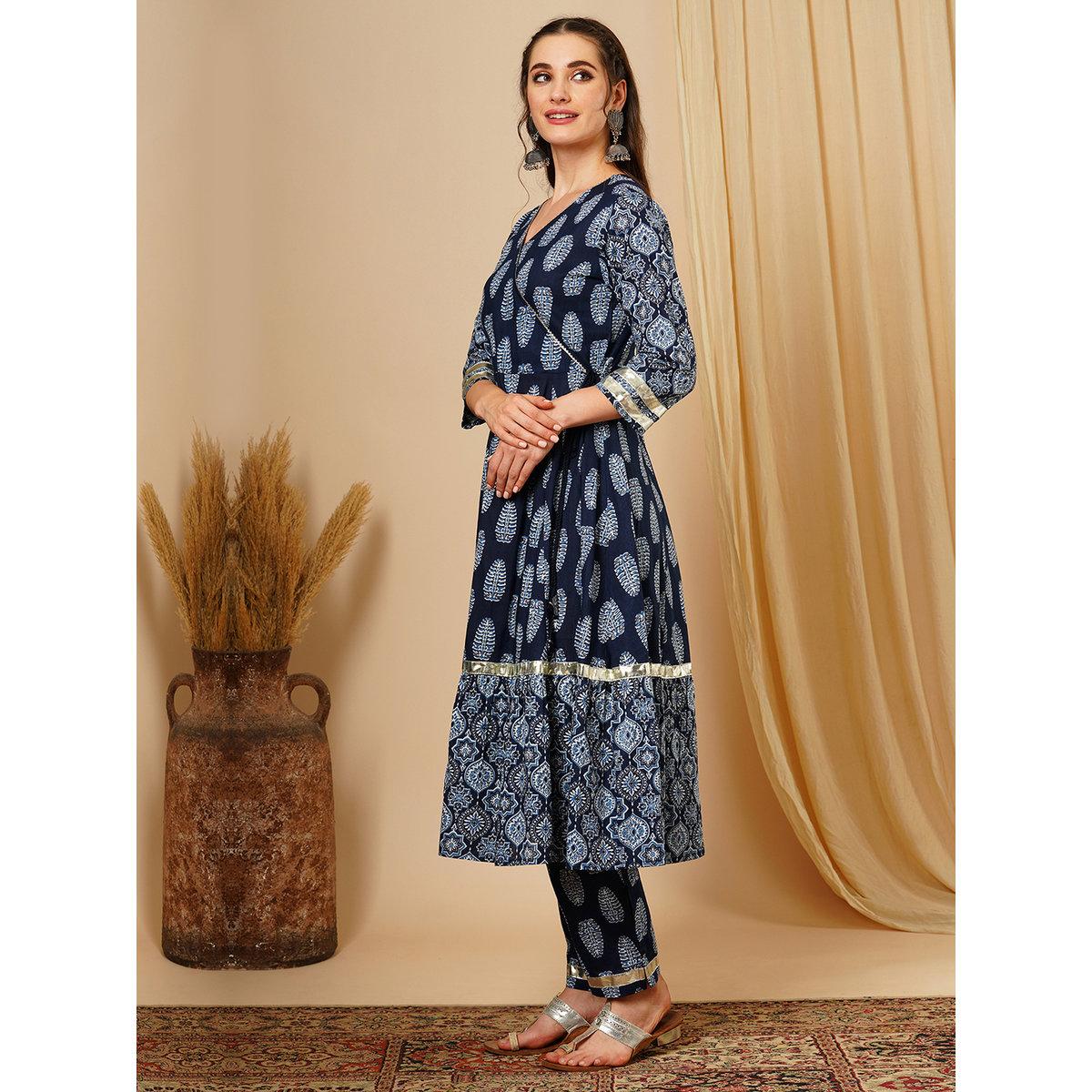 Globus X Styli Blue Ethnic Motif Wrap Kurta and Straight Trousers Festive Set-women-clothing-ethnicwear-kurtasets-image-2