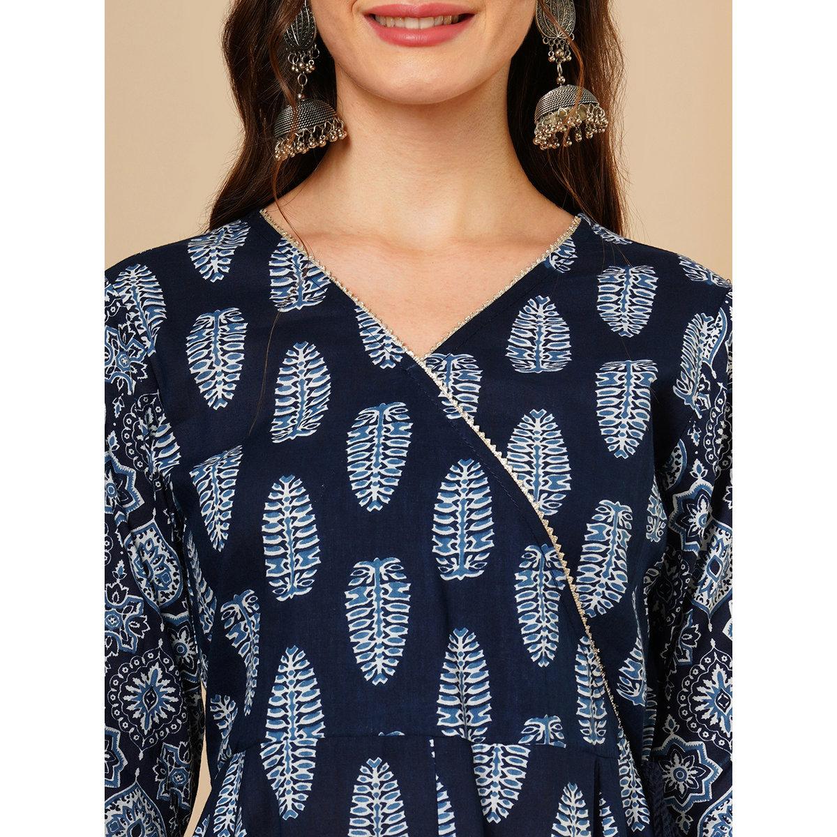 Globus X Styli Blue Ethnic Motif Wrap Kurta and Straight Trousers Festive Set-women-clothing-ethnicwear-kurtasets-image-4