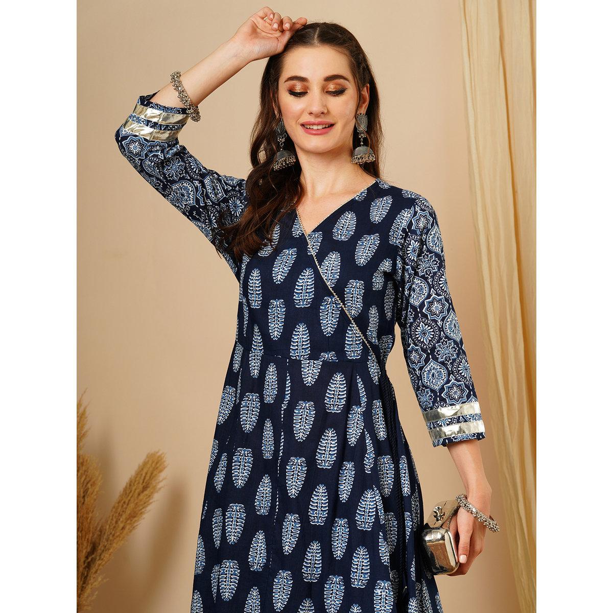 Globus X Styli Blue Ethnic Motif Wrap Kurta and Straight Trousers Festive Set-women-clothing-ethnicwear-kurtasets-image-6