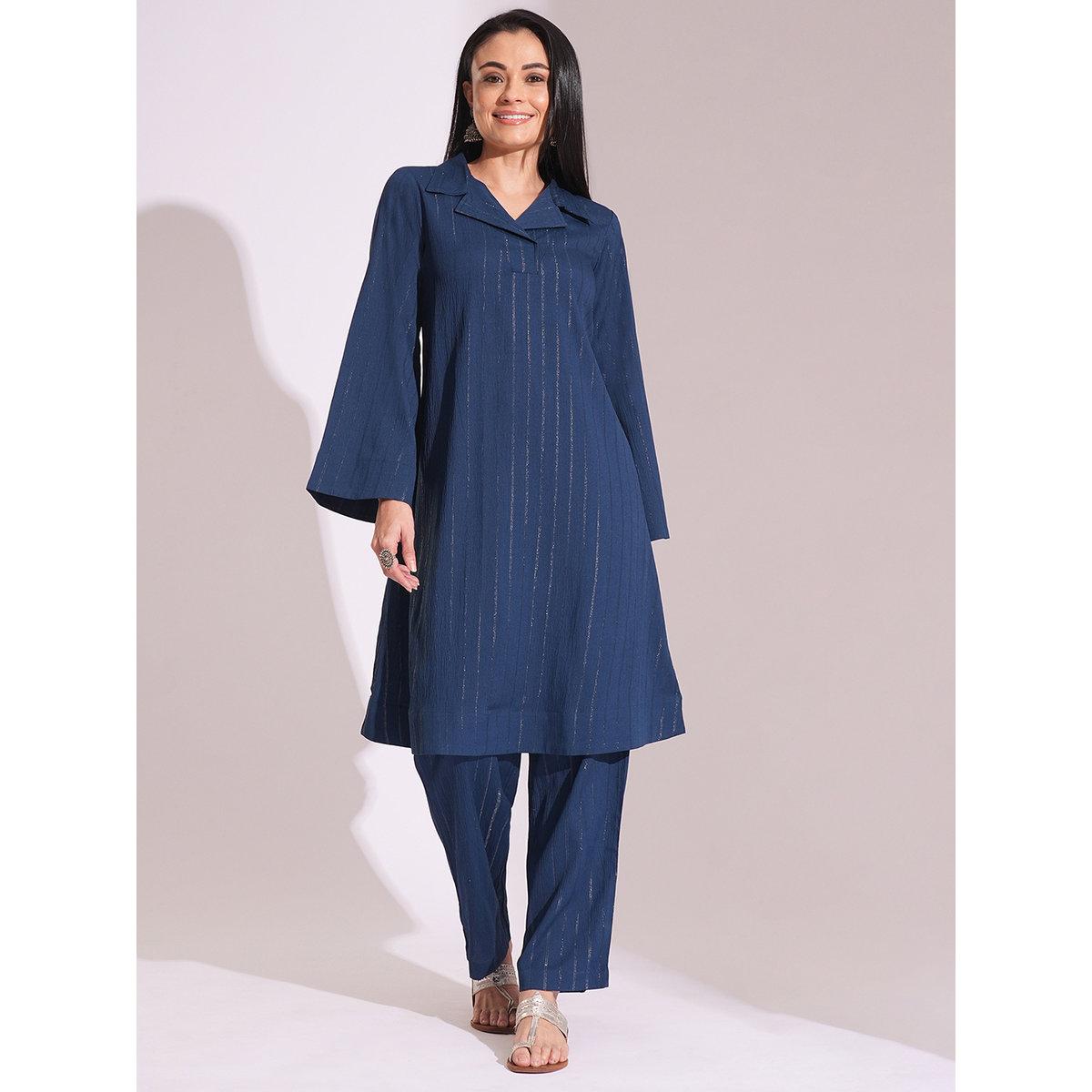 Globus X Styli Blue Shimmer Woven Design Kurta and Straight Pants Workwear Set-women-clothing-ethnicwear-kurtasets-image-1